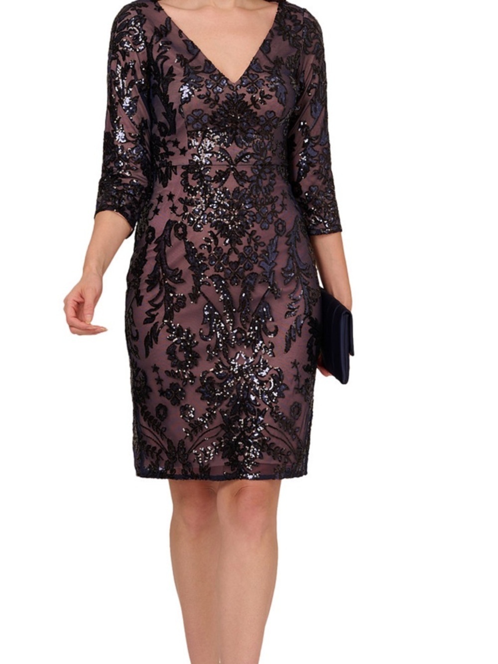 Papell Studios Navy Sequined V Neck Sheath Dress Sz 18 Plus Floral Beige Lined - Picture 1 of 10